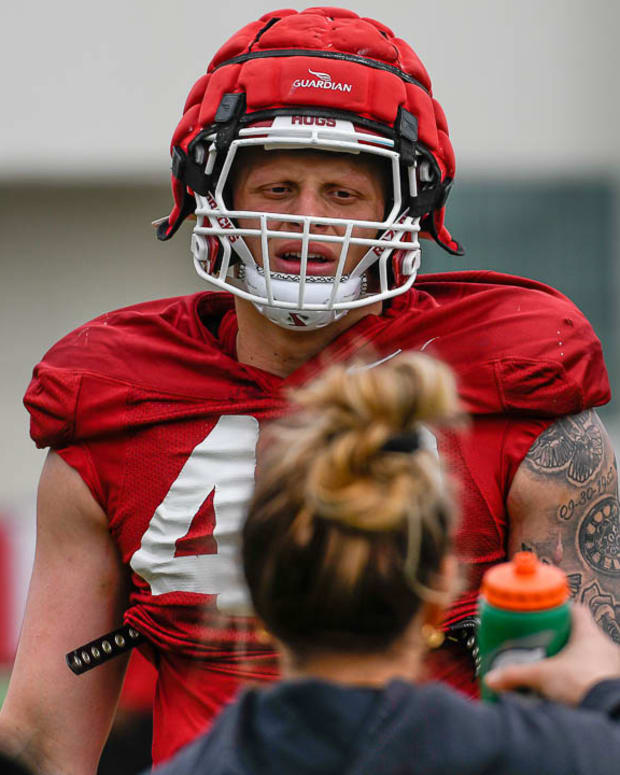 Arkansas Razorbacks Landon Jackson on the outdoor practice fields Thursday afternoon in Fayetteville, Ark.